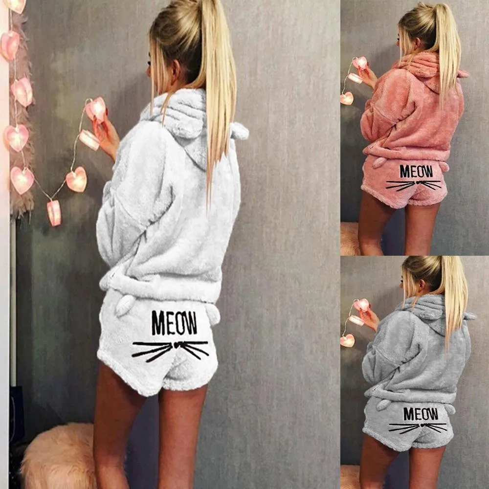 Women's Fashion Winter Pajamas Set Sweet and Cute Long-sleeved Velvet Warm Hoodie and Shorts Fashion Home Service Suit