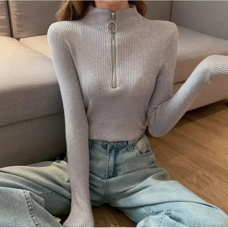 Womens Knitted Half Zip High Neck Basic Slim Fit Sweater Pullover