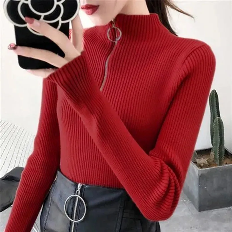 Womens Knitted Half Zip High Neck Basic Slim Fit Sweater Pullover