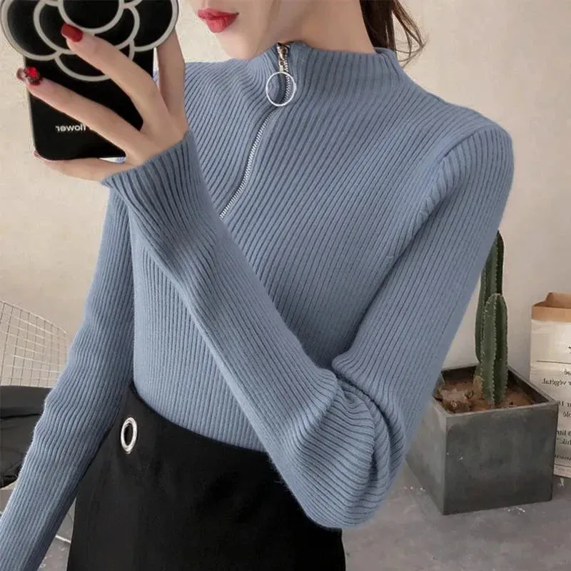 Womens Knitted Half Zip High Neck Basic Slim Fit Sweater Pullover