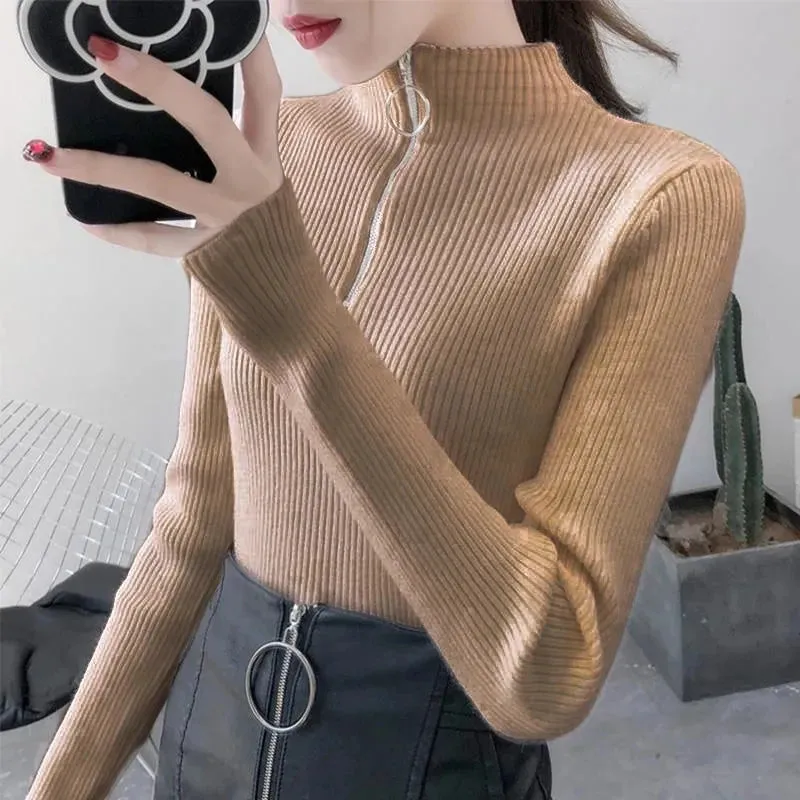 Womens Knitted Half Zip High Neck Basic Slim Fit Sweater Pullover