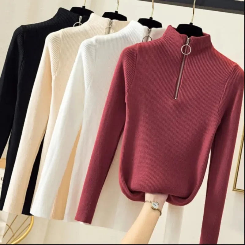 Womens Knitted Half Zip High Neck Basic Slim Fit Sweater Pullover