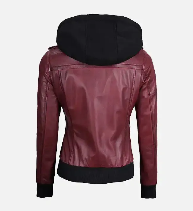 Women's Maroon Hooded Bomber Leather Jacket