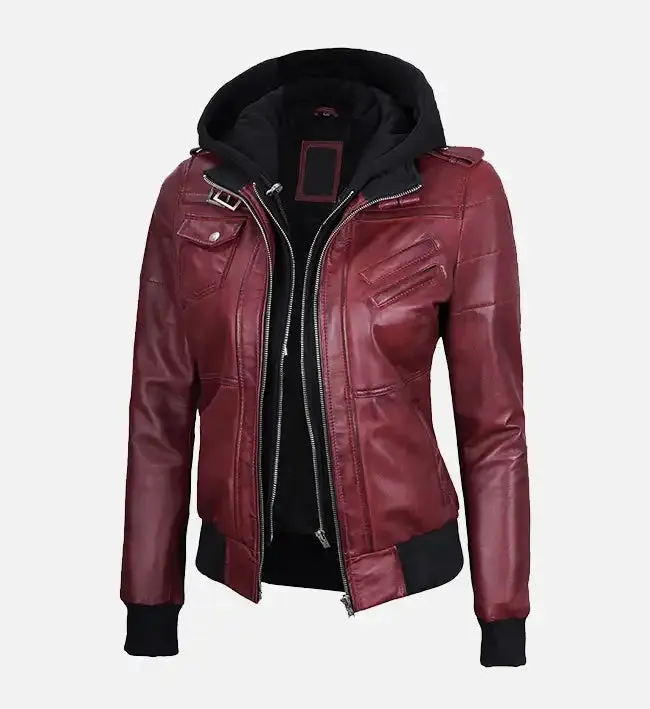 Women's Maroon Hooded Bomber Leather Jacket