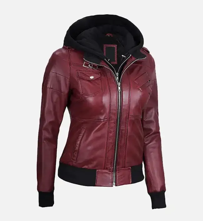 Women's Maroon Hooded Bomber Leather Jacket