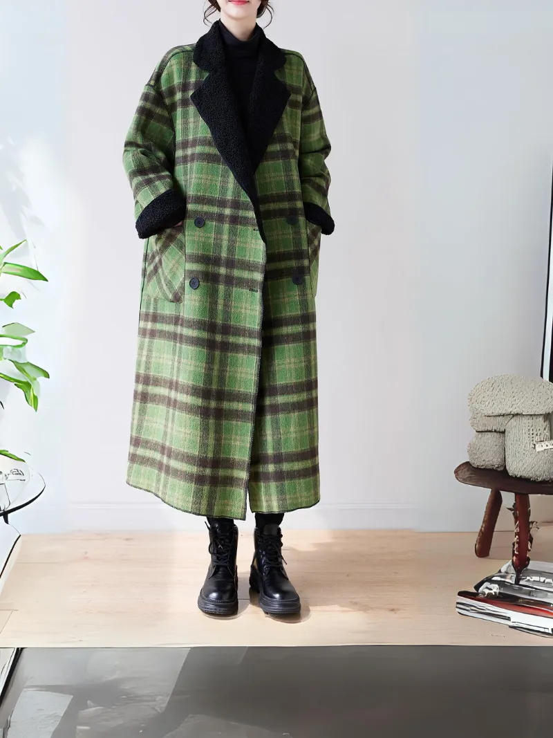 Women's Velvet Loose Lambswool Plaid Side Pockets Coat