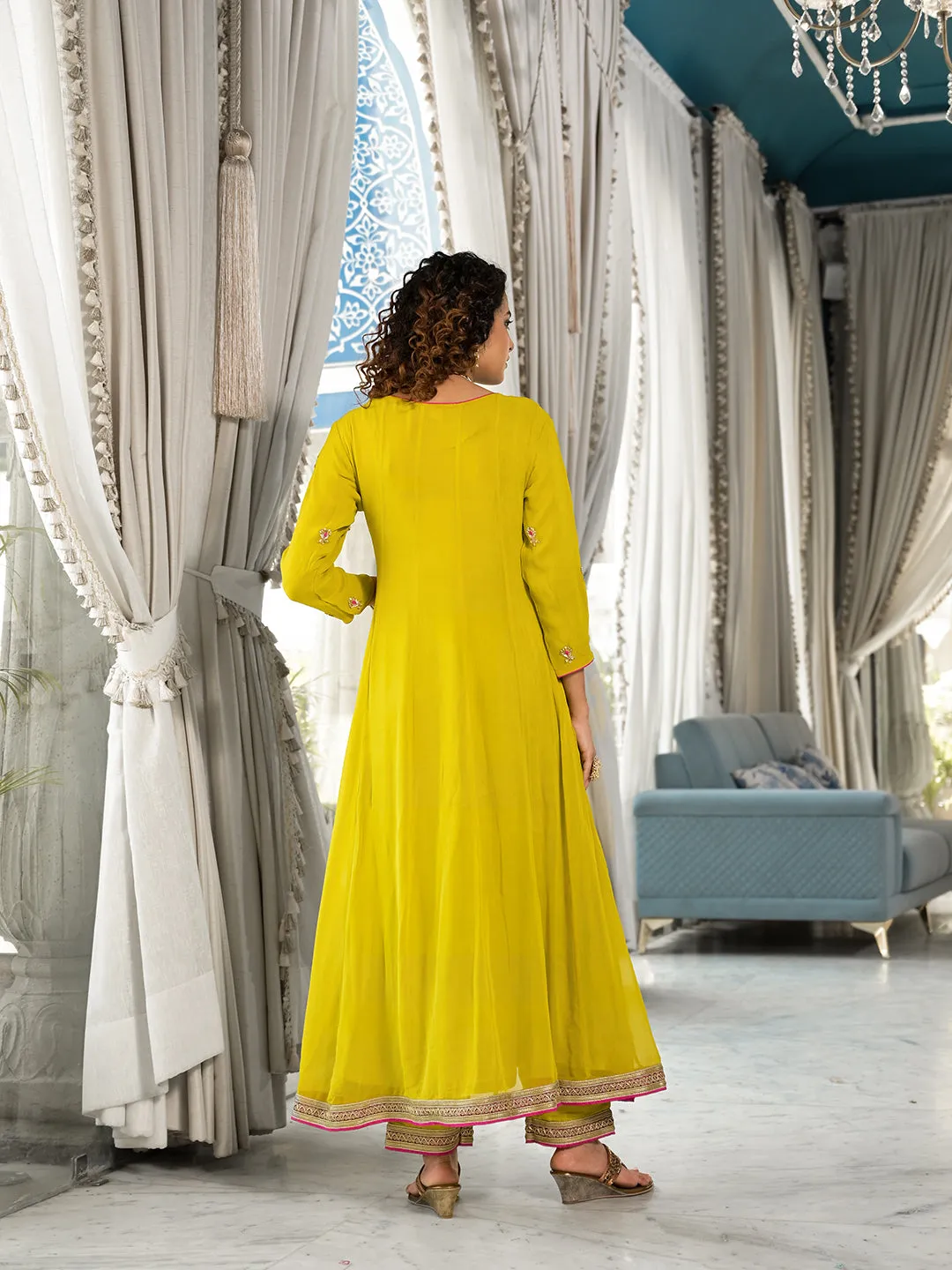 Yellow Zardozi Work Pure Georgette Anarkali Kurta Set With Dupatta