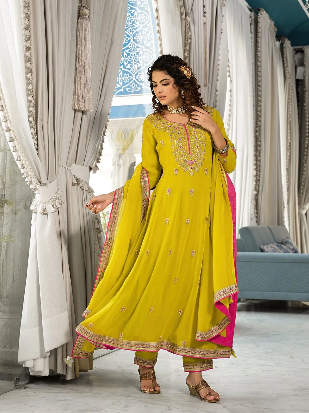 Yellow Zardozi Work Pure Georgette Anarkali Kurta Set With Dupatta