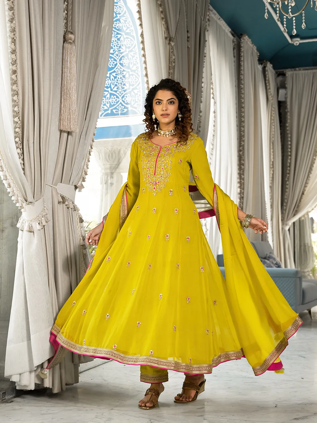 Yellow Zardozi Work Pure Georgette Anarkali Kurta Set With Dupatta