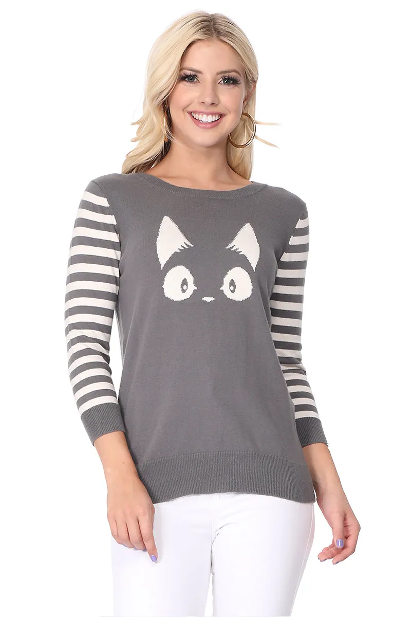 YEMAK Women's Kitty Cat Face 3/4 Sleeve Casual Crewneck Pullover Sweater MK3375 (S-L)