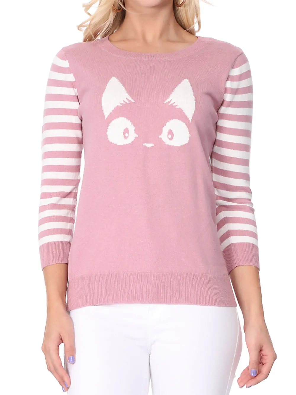 YEMAK Women's Kitty Cat Face 3/4 Sleeve Casual Crewneck Pullover Sweater MK3375 (S-L)