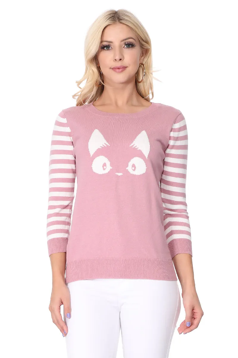 YEMAK Women's Kitty Cat Face 3/4 Sleeve Casual Crewneck Pullover Sweater MK3375 (S-L)