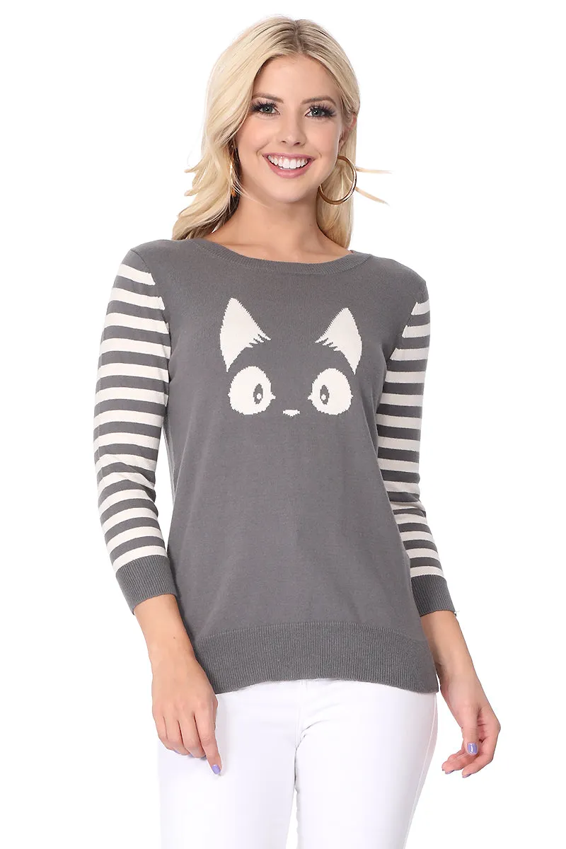 YEMAK Women's Kitty Cat Face 3/4 Sleeve Casual Crewneck Pullover Sweater MK3375 (S-L)