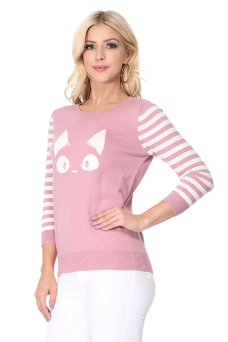 YEMAK Women's Kitty Cat Face 3/4 Sleeve Casual Crewneck Pullover Sweater MK3375 (S-L)