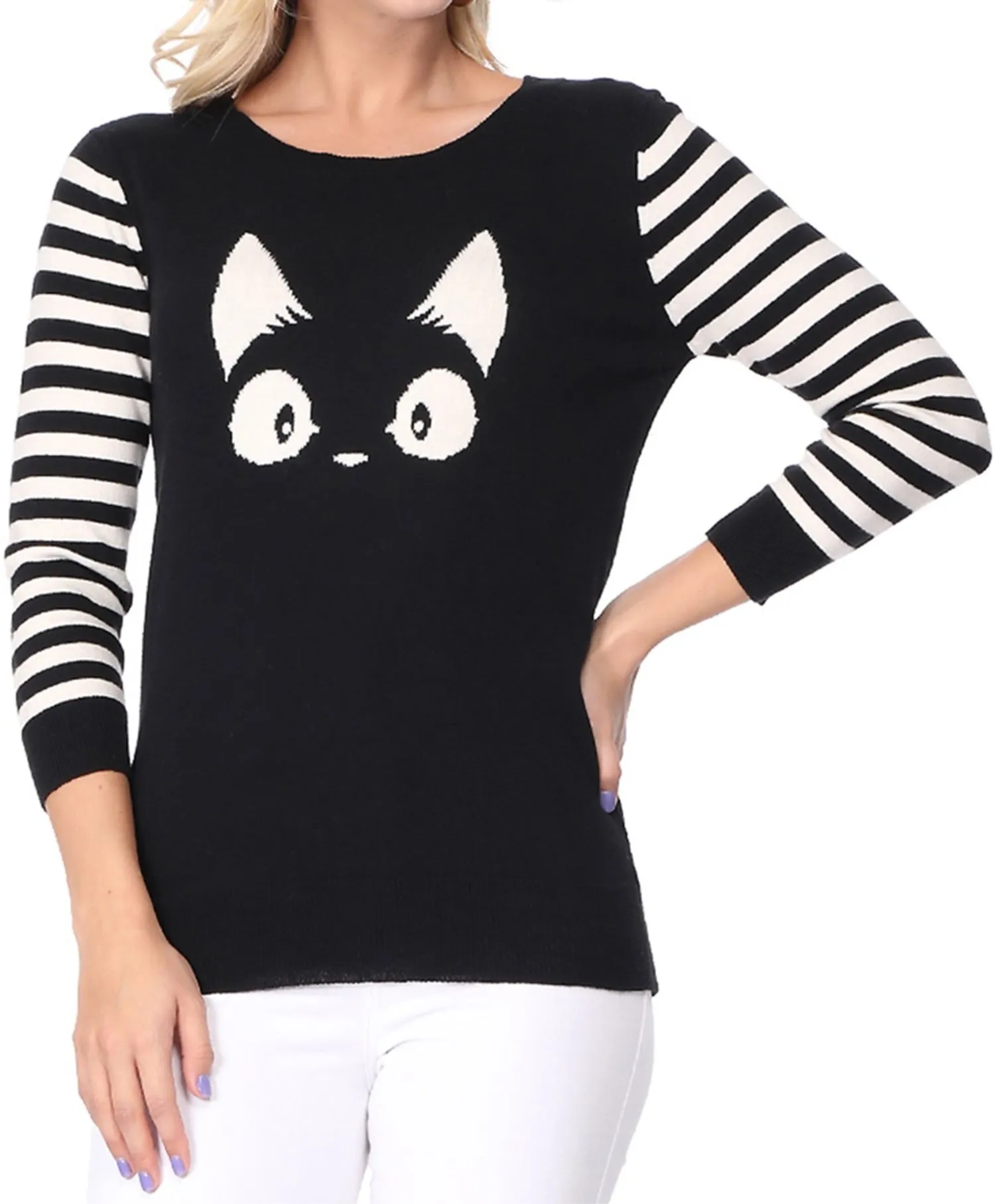 YEMAK Women's Kitty Cat Face 3/4 Sleeve Casual Crewneck Pullover Sweater MK3375 (S-L)