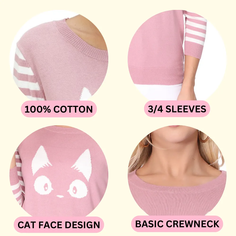 YEMAK Women's Kitty Cat Face 3/4 Sleeve Casual Crewneck Pullover Sweater MK3375 (S-L)