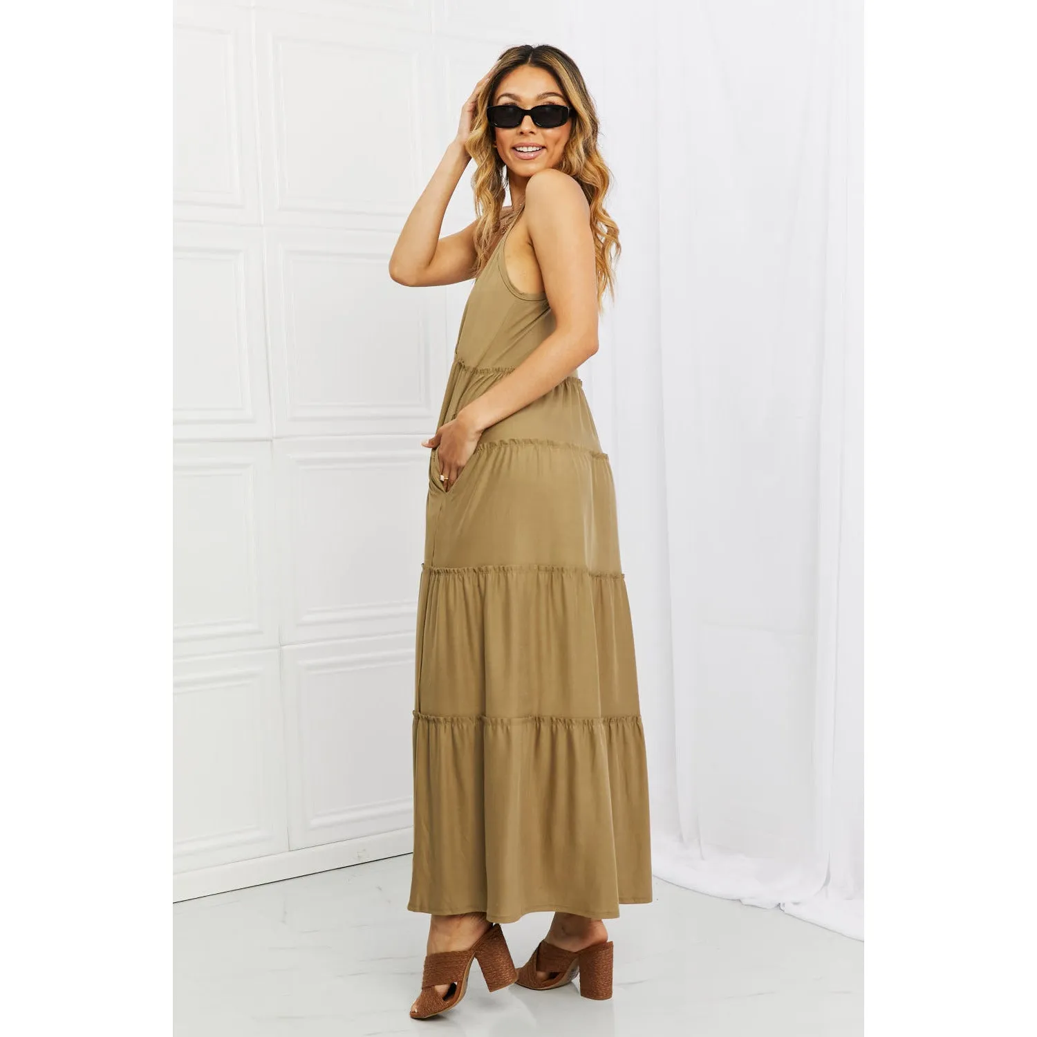 Zenana Full Size Spaghetti Strap Tiered Dress with Pockets in Khaki