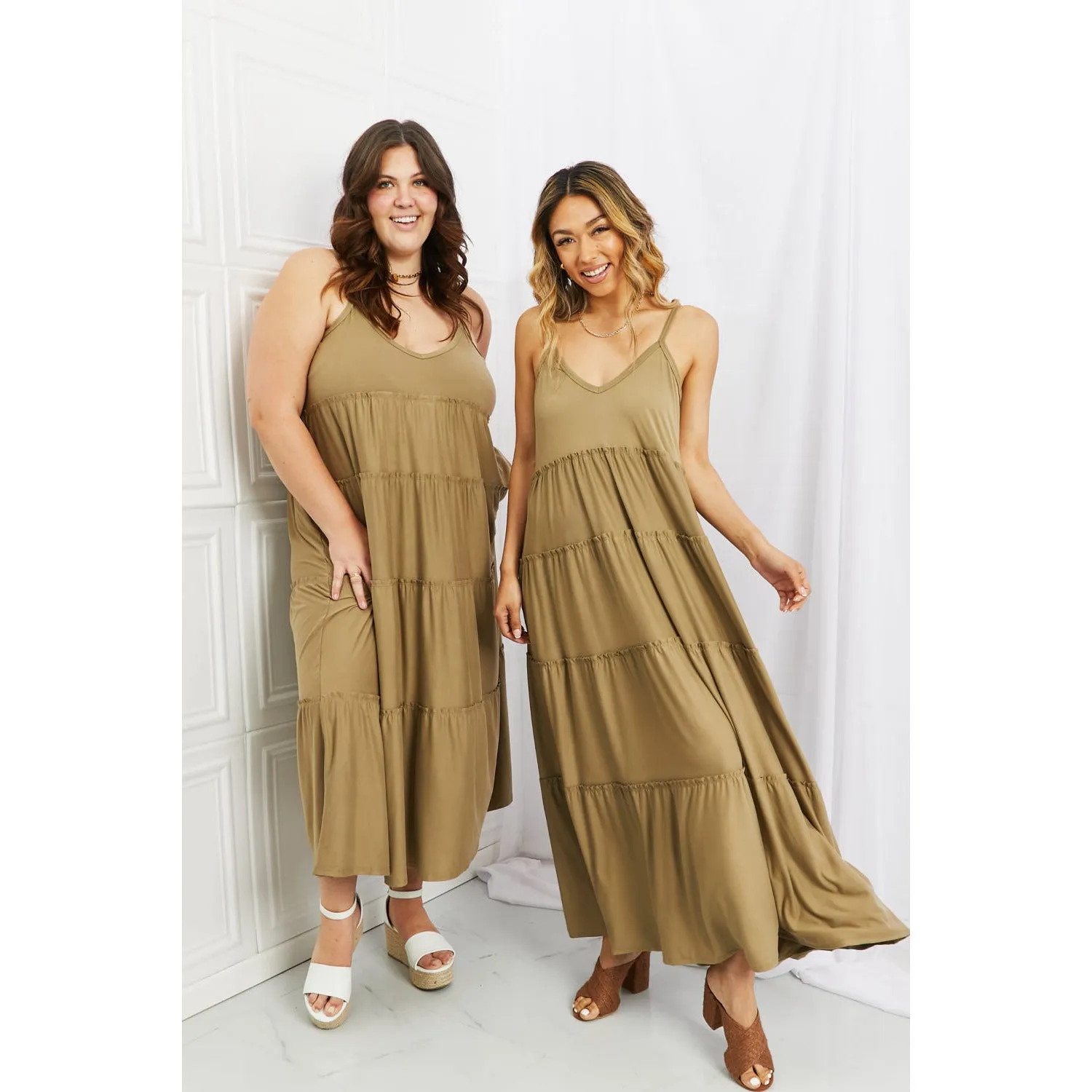 Zenana Full Size Spaghetti Strap Tiered Dress with Pockets in Khaki