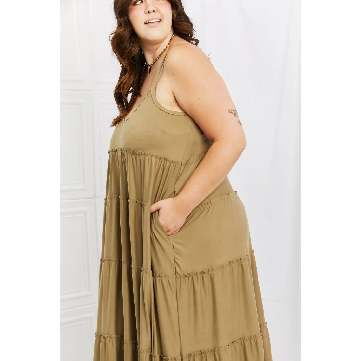 Zenana Full Size Spaghetti Strap Tiered Dress with Pockets in Khaki