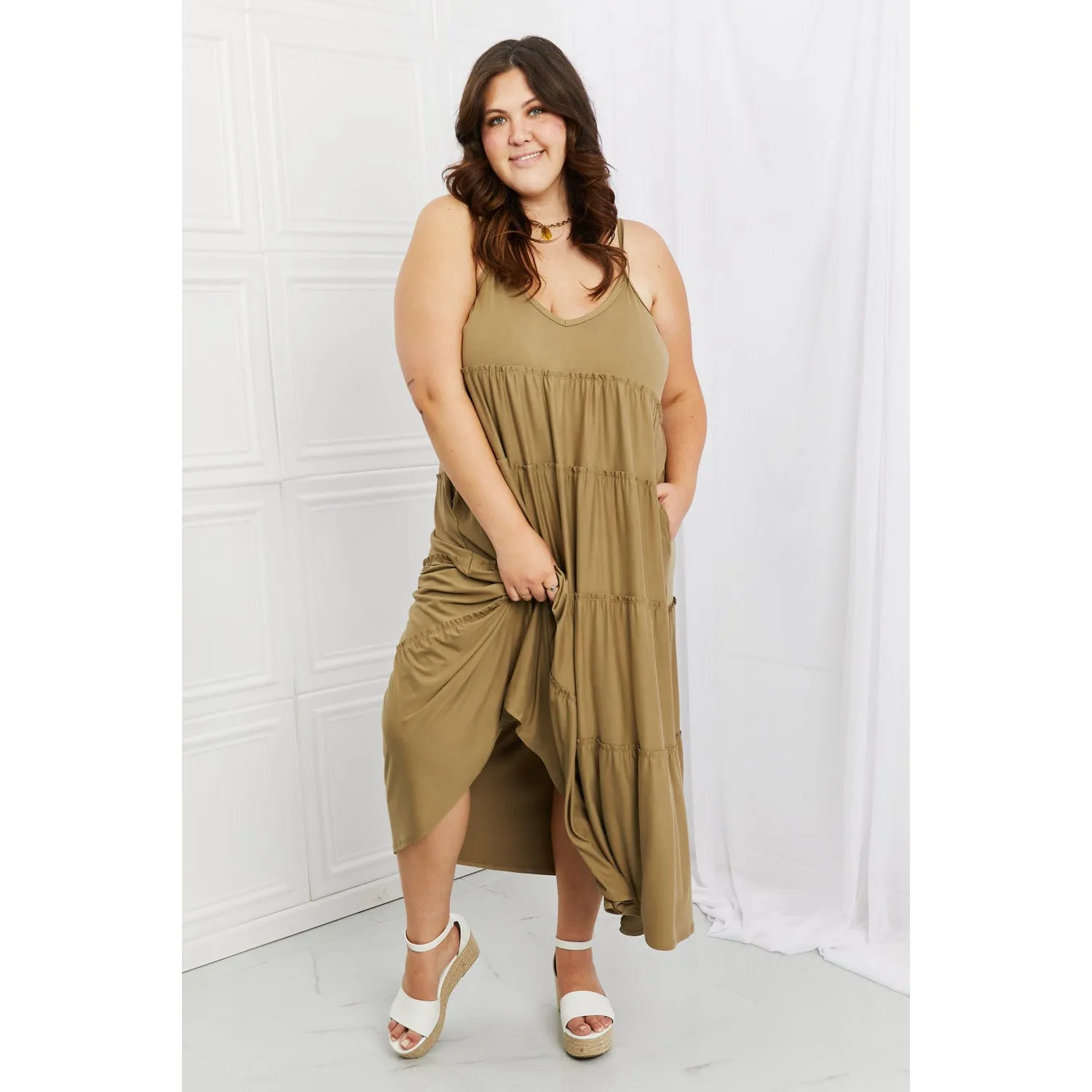 Zenana Full Size Spaghetti Strap Tiered Dress with Pockets in Khaki