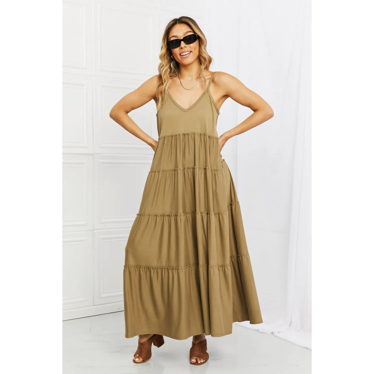 Zenana Full Size Spaghetti Strap Tiered Dress with Pockets in Khaki