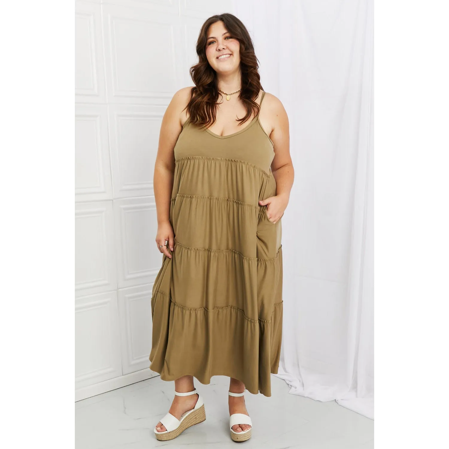 Zenana Full Size Spaghetti Strap Tiered Dress with Pockets in Khaki